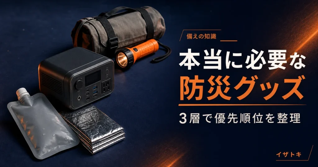 防災グッズで本当に必要なもののイメージ。ネイビーの背景に防災キットとポータブル電源、懐中電灯を整理して並べた備えのレイアウト