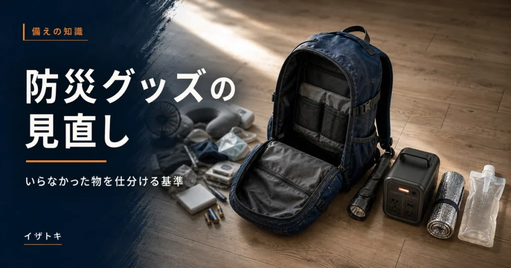 防災グッズのいらなかったものを見直すイメージ。整理された防災キットとポータブル電源、懐中電灯をネイビーの背景に並べた様子