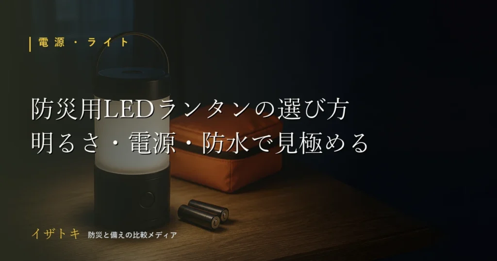 防災用LEDランタンの選び方イメージ。ポータブル電源やライトなど停電時に使う備えの道具を並べたレイアウト