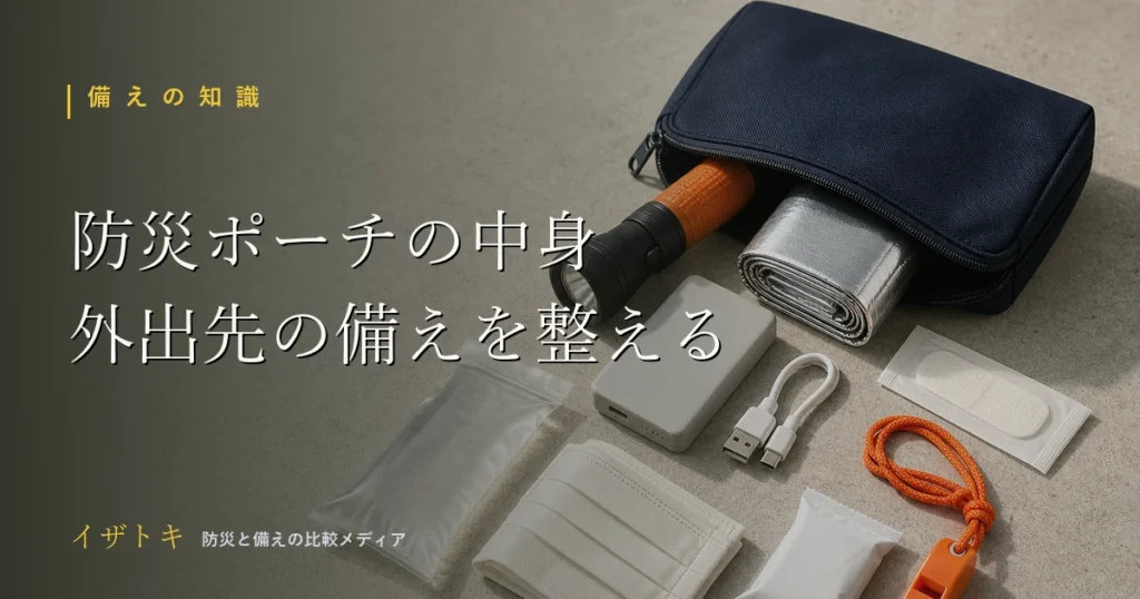 防災ポーチの中身のイメージ。コンパクトな防災キットと小型ライト、ポータブル電源を整理して並べた持ち歩きの備え