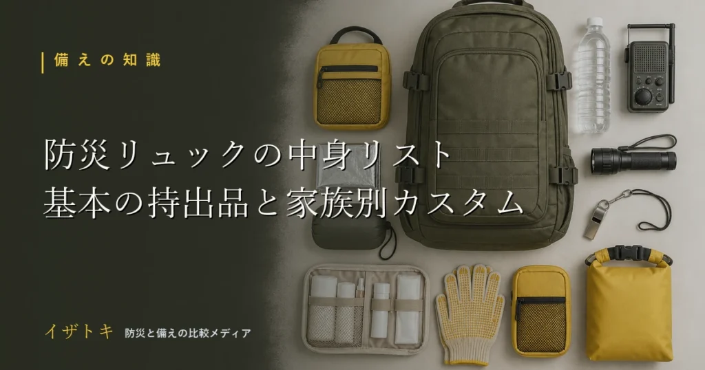オリーブ色のリュックを中心に非常用持ち出し品を格子状に並べたフラットレイ構図