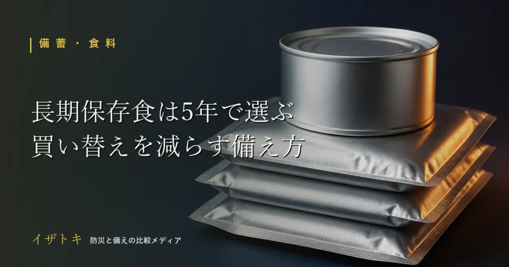 長期保存食の選び方のイメージ。コンパクトな防災キットとポータブル電源、懐中電灯を整理して並べた備えのセット