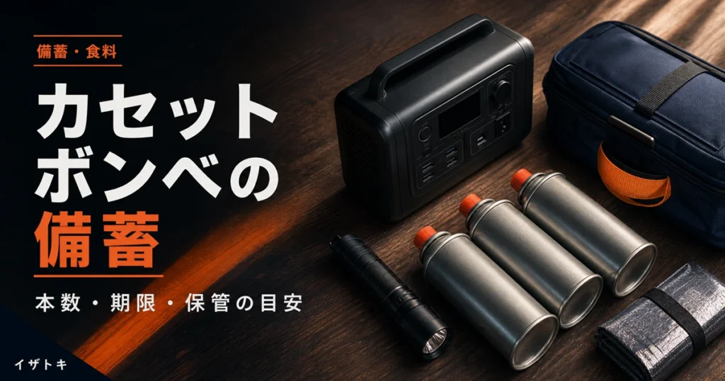 カセットボンベの備蓄本数を考えるイメージ。ネイビーの背景に整理された防災キットと無地のポータブル電源、懐中電灯