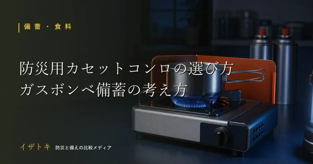 防災用カセットコンロとガスボンベ備蓄のイメージ。ネイビー背景に整理された防災用品