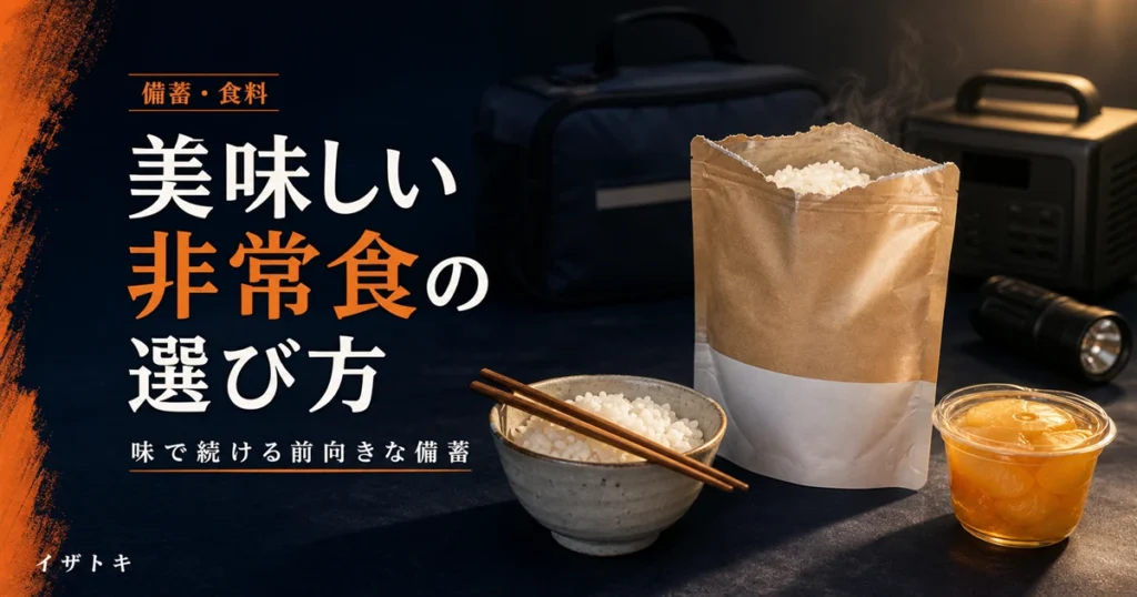 美味しい非常食の選び方のイメージ。無地の非常食パウチと防災キット、ポータブル電源、懐中電灯を整理して並べた備蓄セット