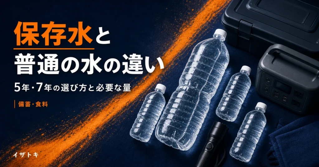 保存水と普通のミネラルウォーターの違いのイメージ。ラベルのない2Lと500mlの水のボトルを防災キットや懐中電灯と一緒に整理して並べた備蓄セット