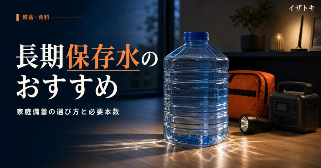 長期保存水のおすすめと家庭備蓄のイメージ。ラベルのない2Lと500mLのペットボトルを防災リュックや懐中電灯と一緒に整理して並べたレイアウト