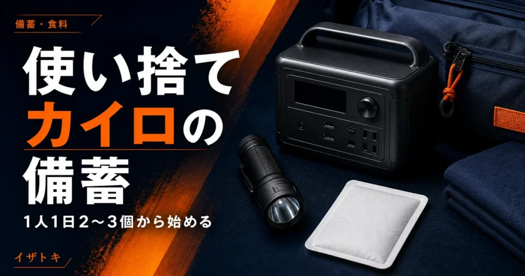 使い捨てカイロの備蓄のイメージ。防災キットとポータブル電源、懐中電灯を整理して並べた冬の停電への備え