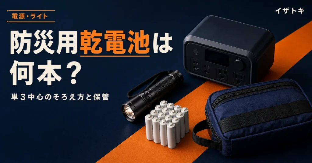 防災用乾電池の備蓄イメージ。無地の乾電池と懐中電灯、コンパクトな防災キットを整理して並べた備え