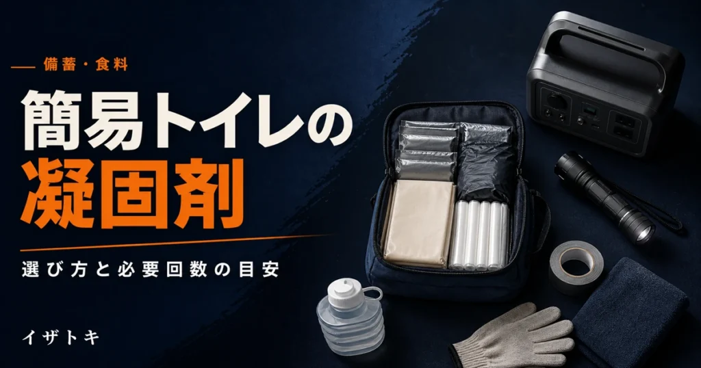 簡易トイレの凝固剤の選び方のイメージ。ネイビーの背景にコンパクトな防災キットと懐中電灯、ポータブル電源を整理して並べた備え