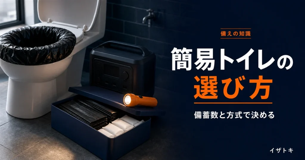 災害用の簡易トイレを備えるイメージ。防災キットとポータブル電源、懐中電灯を整理して並べた在宅避難の備え