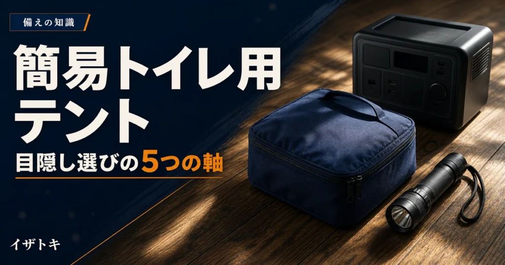 簡易トイレ用の目隠しテント選びのイメージ。ネイビーの防災キットとポータブル電源、懐中電灯を整理して並べた備えのセット