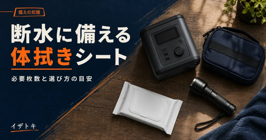 断水に備える体拭きシートのイメージ。防災キットと懐中電灯、衛生用品を整理して並べた備えのセット
