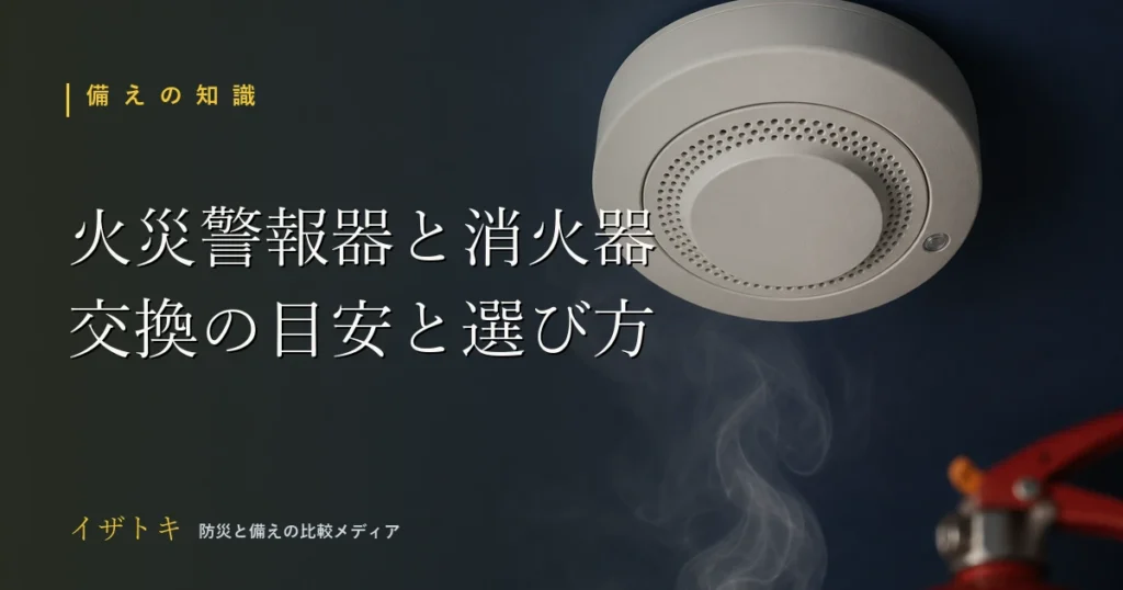 住宅用火災警報器と住宅用消火器の選び方のイメージ。コンパクトな防災キットとライトを整理して並べた備えのレイアウト
