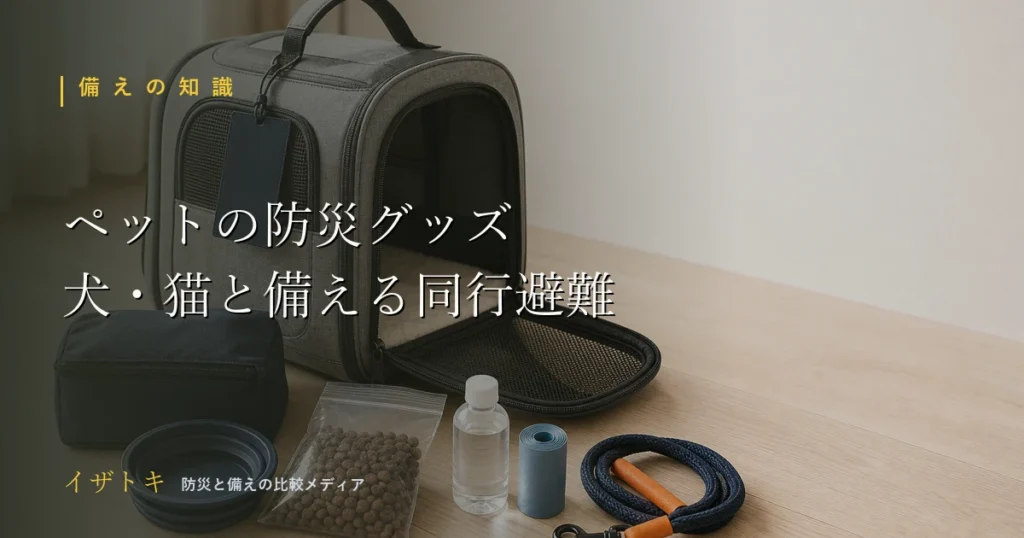 ペットの防災グッズのイメージ。無地のペットキャリーとフード容器、コンパクトな防災キットとライトを整理して並べた備え