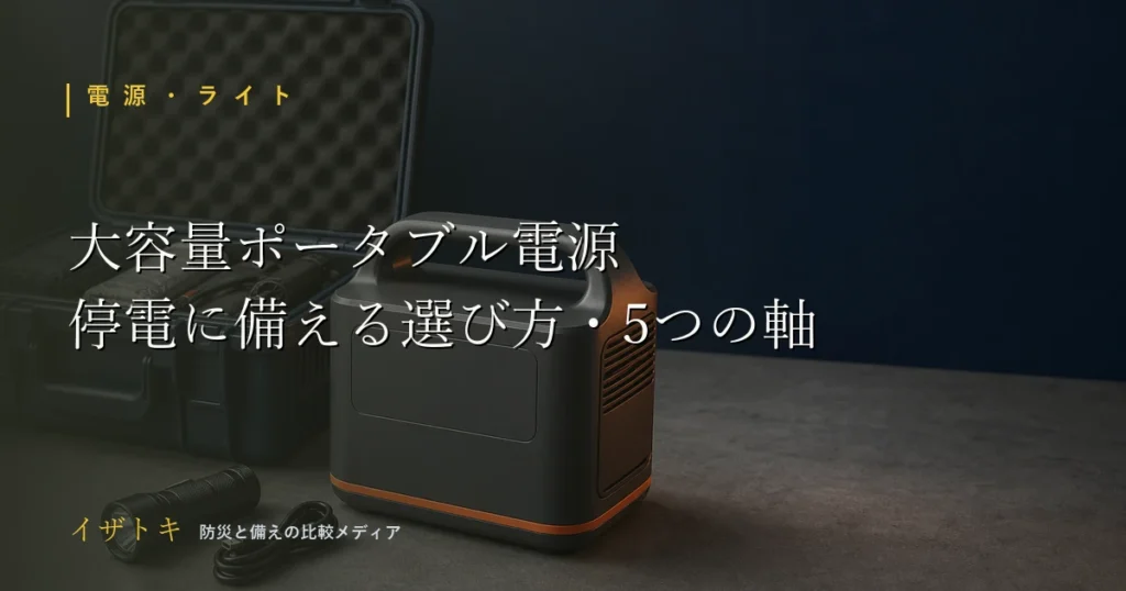 大容量ポータブル電源と防災グッズを整理して並べたイメージ。停電対策に備える選び方