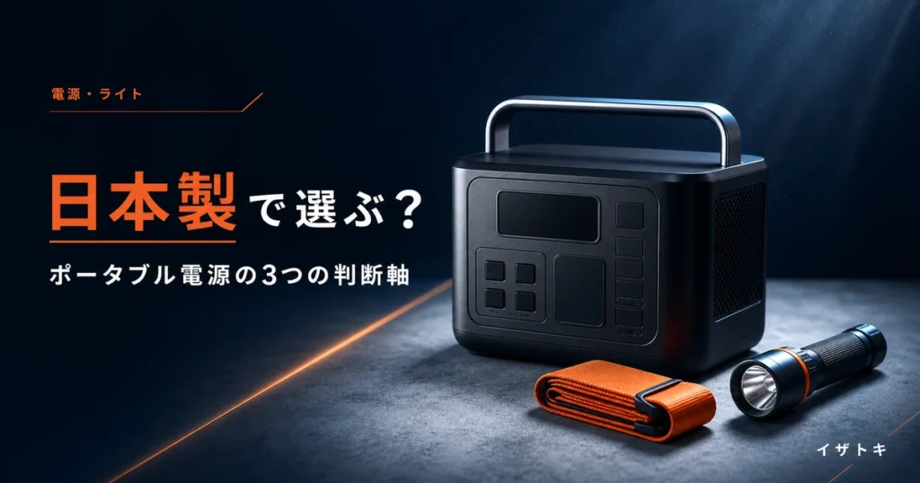 日本製・国内サポート重視のポータブル電源選びのイメージ。ネイビーの背景に無地のポータブル電源と防災キット、懐中電灯を整理して並べた様子