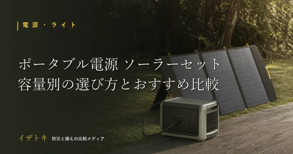 屋外でポータブル電源本体と折りたたみソーラーパネルをケーブルで接続して充電している様子