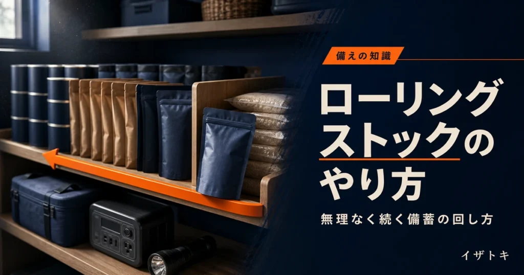 ローリングストックのやり方のイメージ。棚に整理された保存食のストックと防災キット、懐中電灯を並べた備えのレイアウト