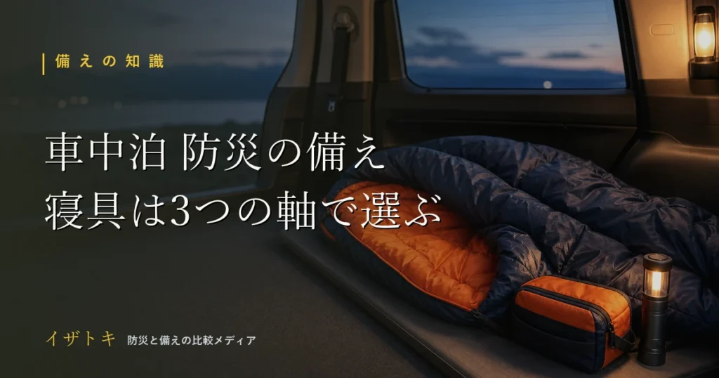 車中泊避難の備えと寝具の選び方のイメージ。コンパクトな防災キットとポータブル電源、懐中電灯を整理して並べた様子