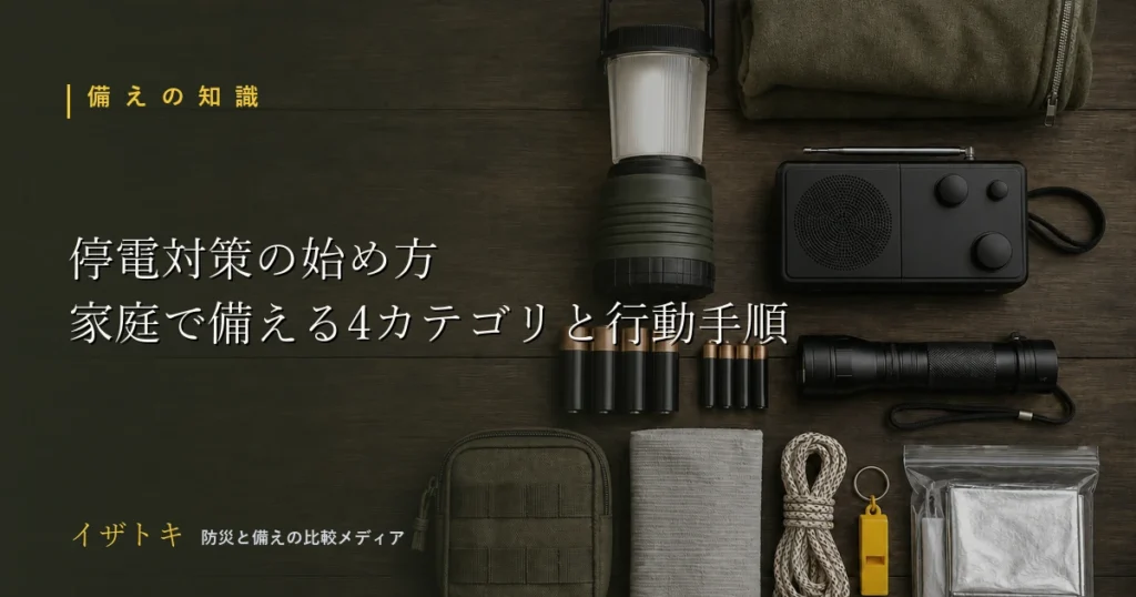 木のテーブルに整然と並べたLEDランタンやラジオなどの停電対策グッズ